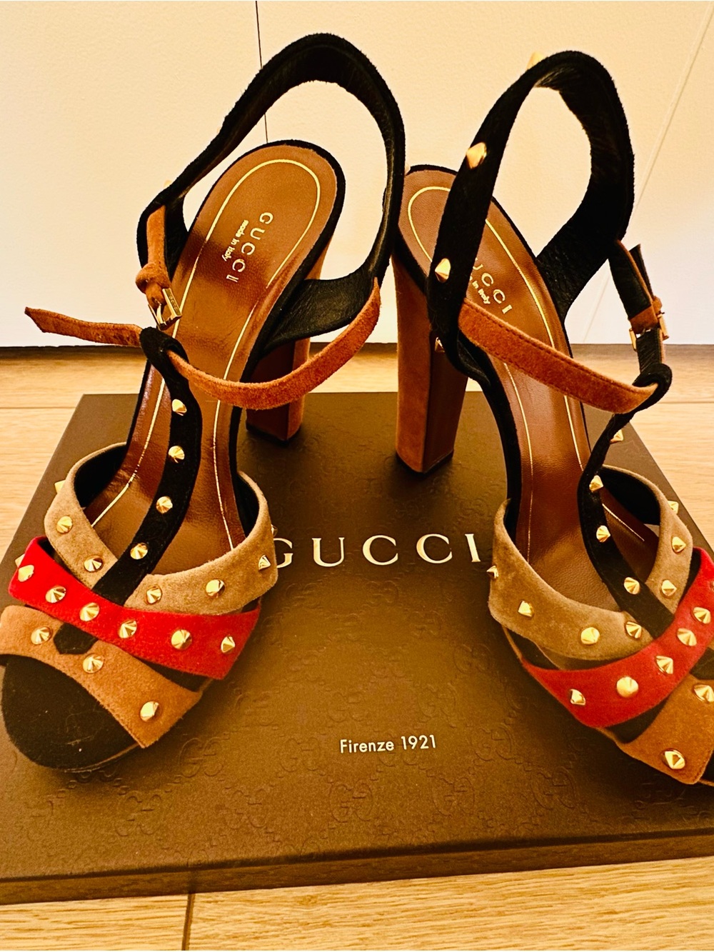 Gucci Red Brown Black Studded Suede Block Heel Sandals
